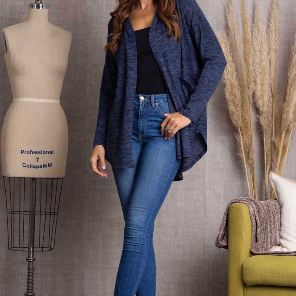 BLUE OPEN FRONT HOODED CARDIGAN
